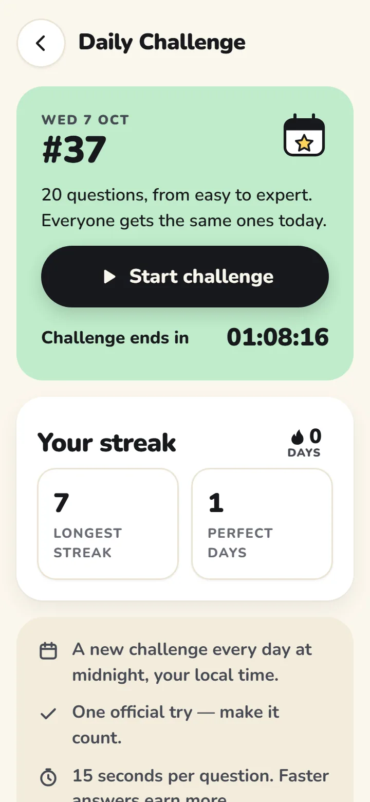 Daily Challenge: today’s number, a start button and the time left