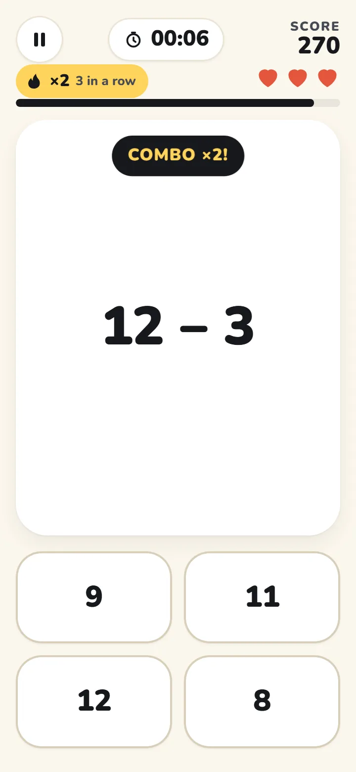 Endless: a timed question with three lives shown as hearts