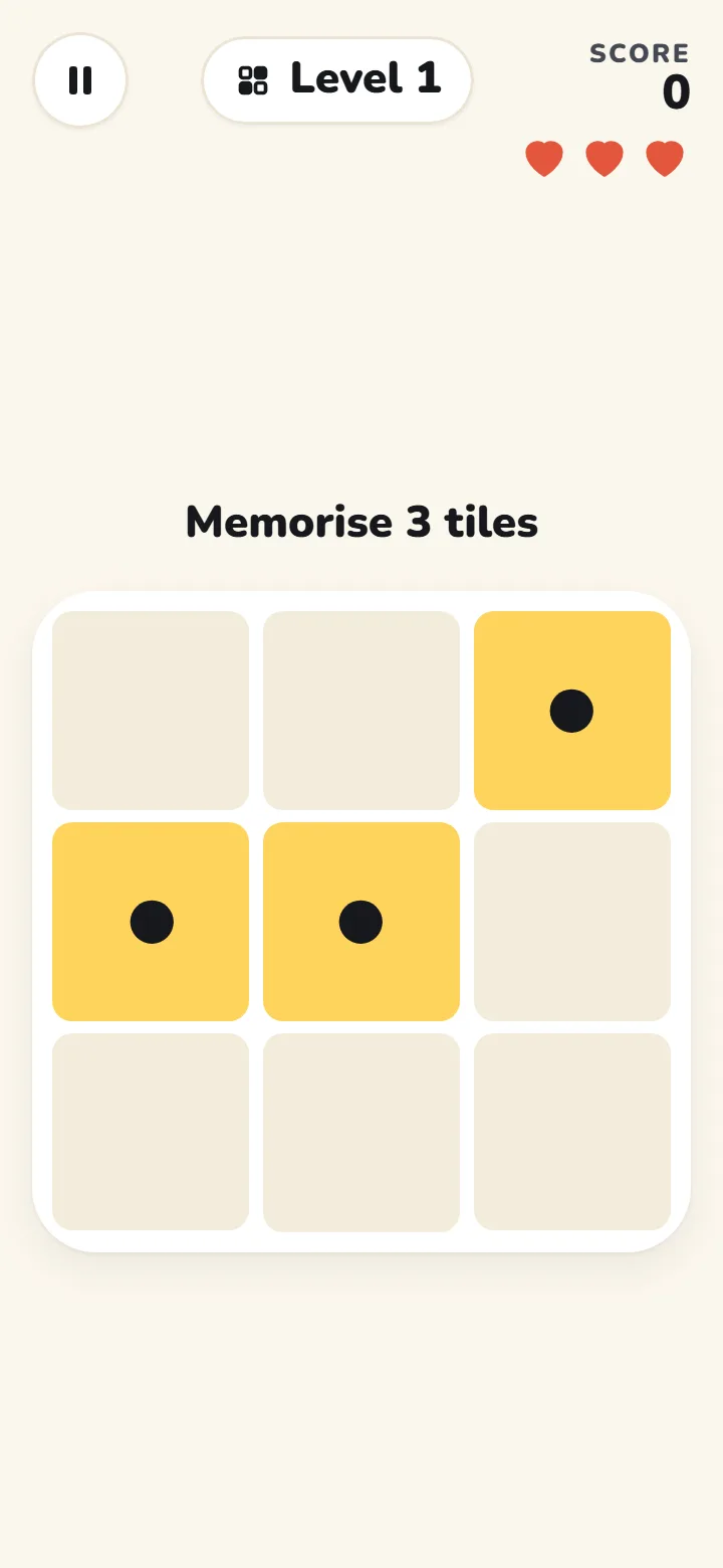 Memory Grid: three lit tiles to remember on a three-by-three board